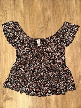 Black Floral Off-Shoulder Peplum Blouse with Pink & Coral Accents